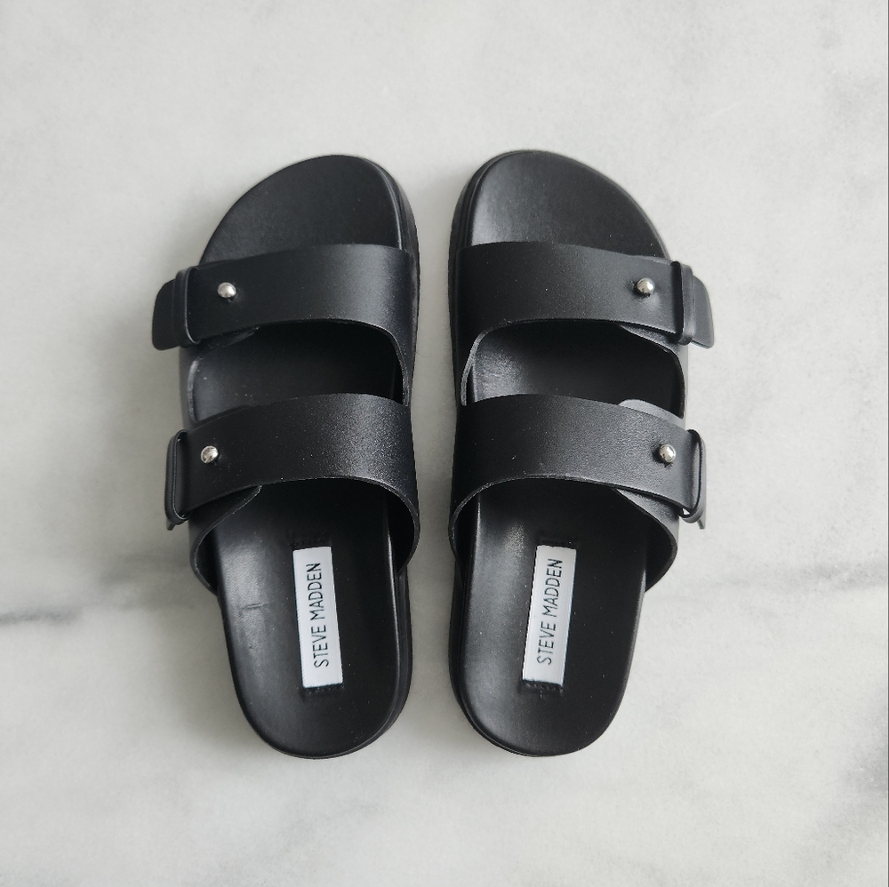 New Steve Madden Mariel black leather slide sandals 7m